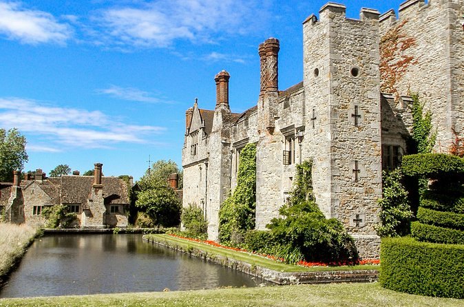 Hever Castle seen across the moat, with the gatehouse and the Tudor range behind it