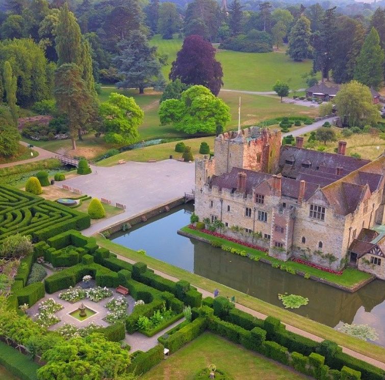 Hever Castle from the air, ringed by its double moat and the formal gardens