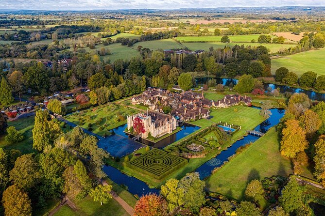 The Hever Castle estate from the air in autumn, the double moat and gardens laid out around it