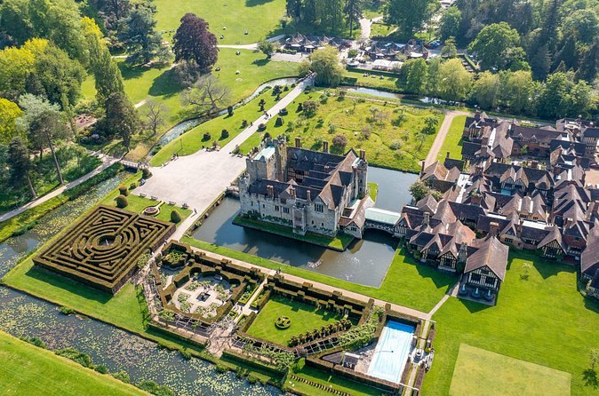 The Yew Maze and the formal gardens at Hever Castle seen from above